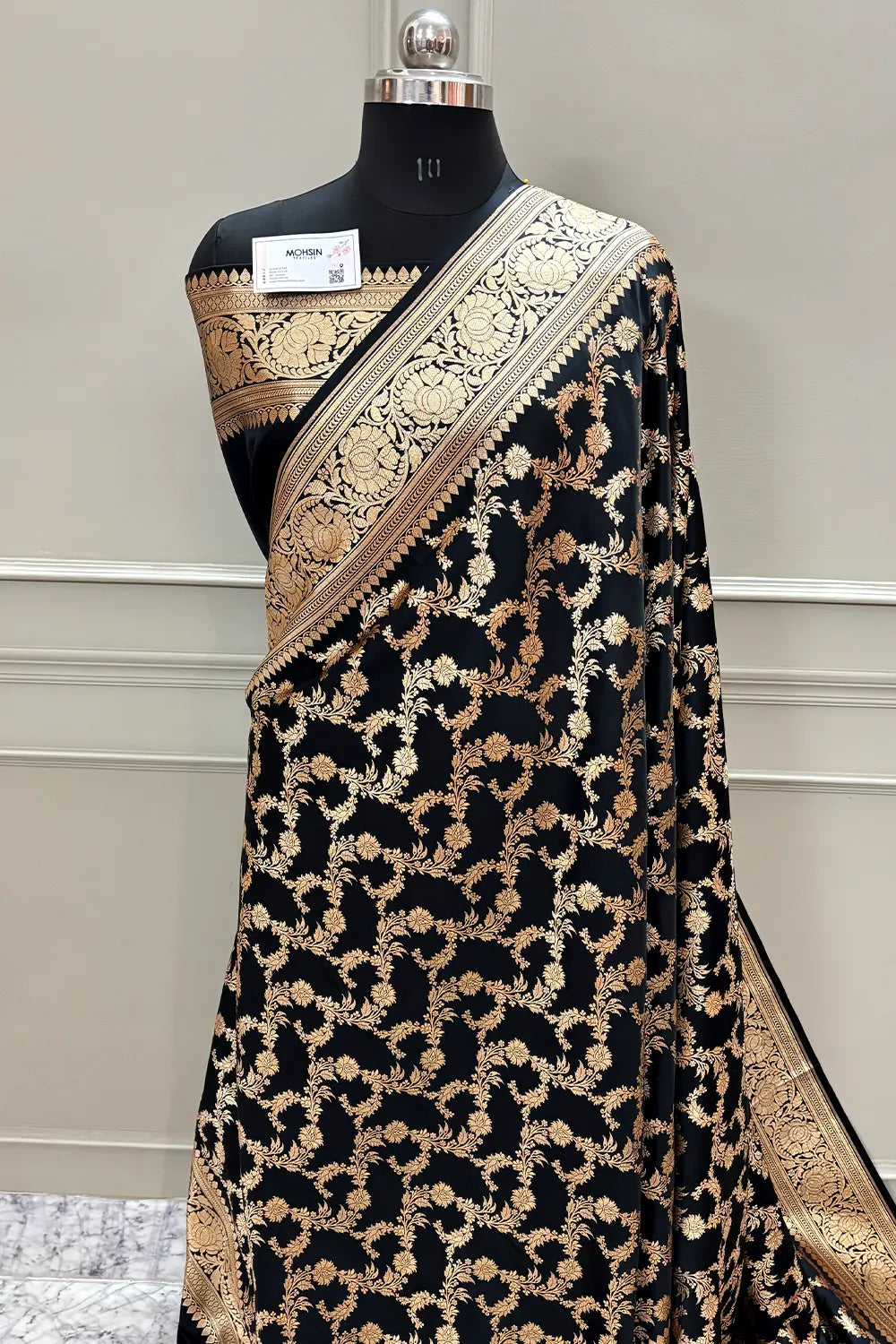 Black Mughlai Jaal Katan Silk Banarasi Saree
