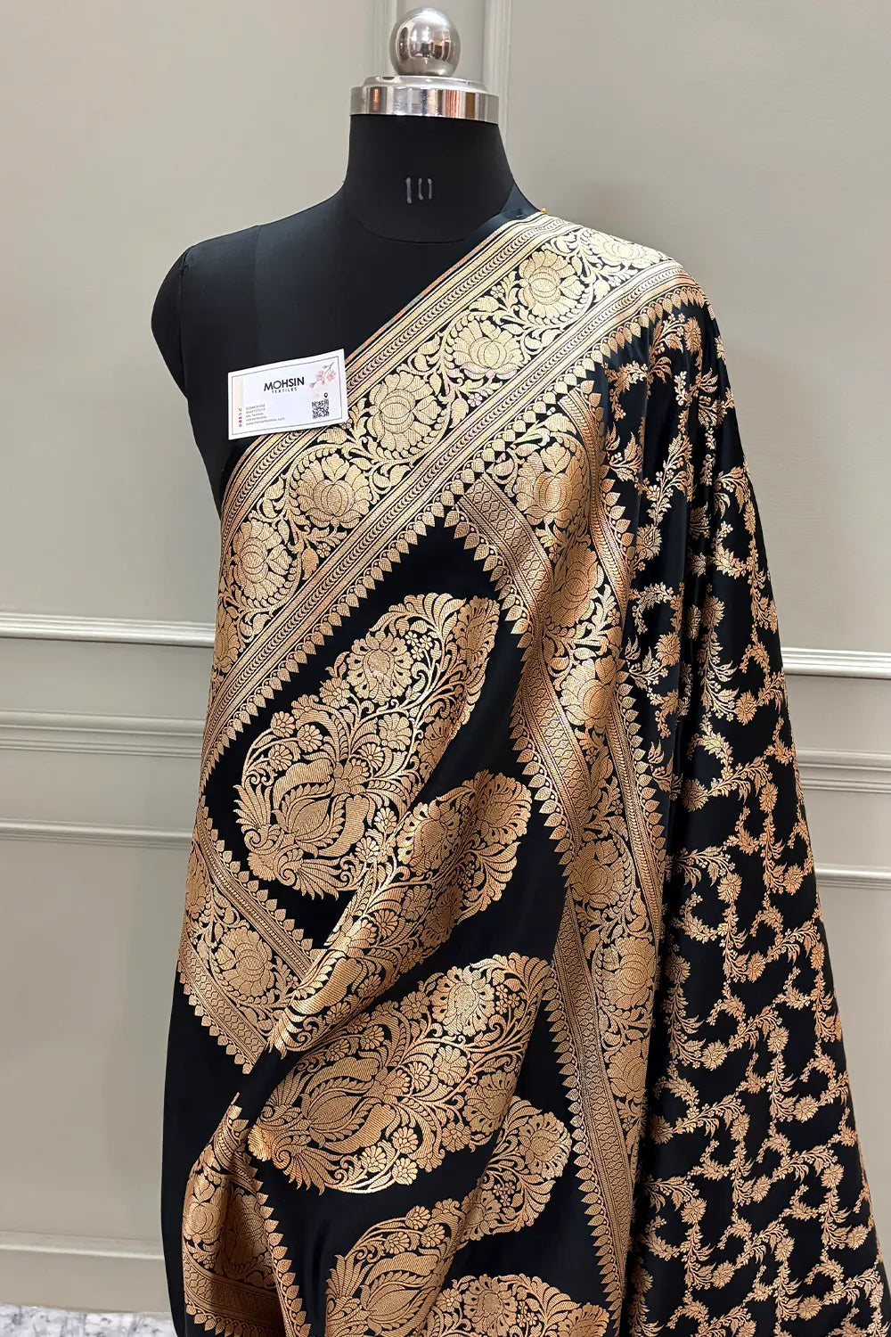 Black Mughlai Jaal Katan Silk Banarasi Saree