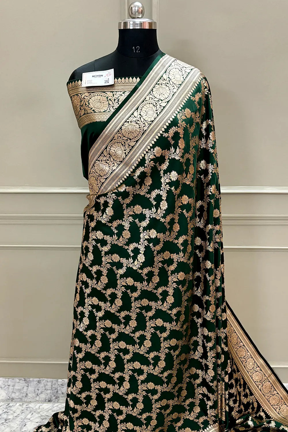 Bottle Green Mughlai Jaal Katan Silk Banarasi Saree