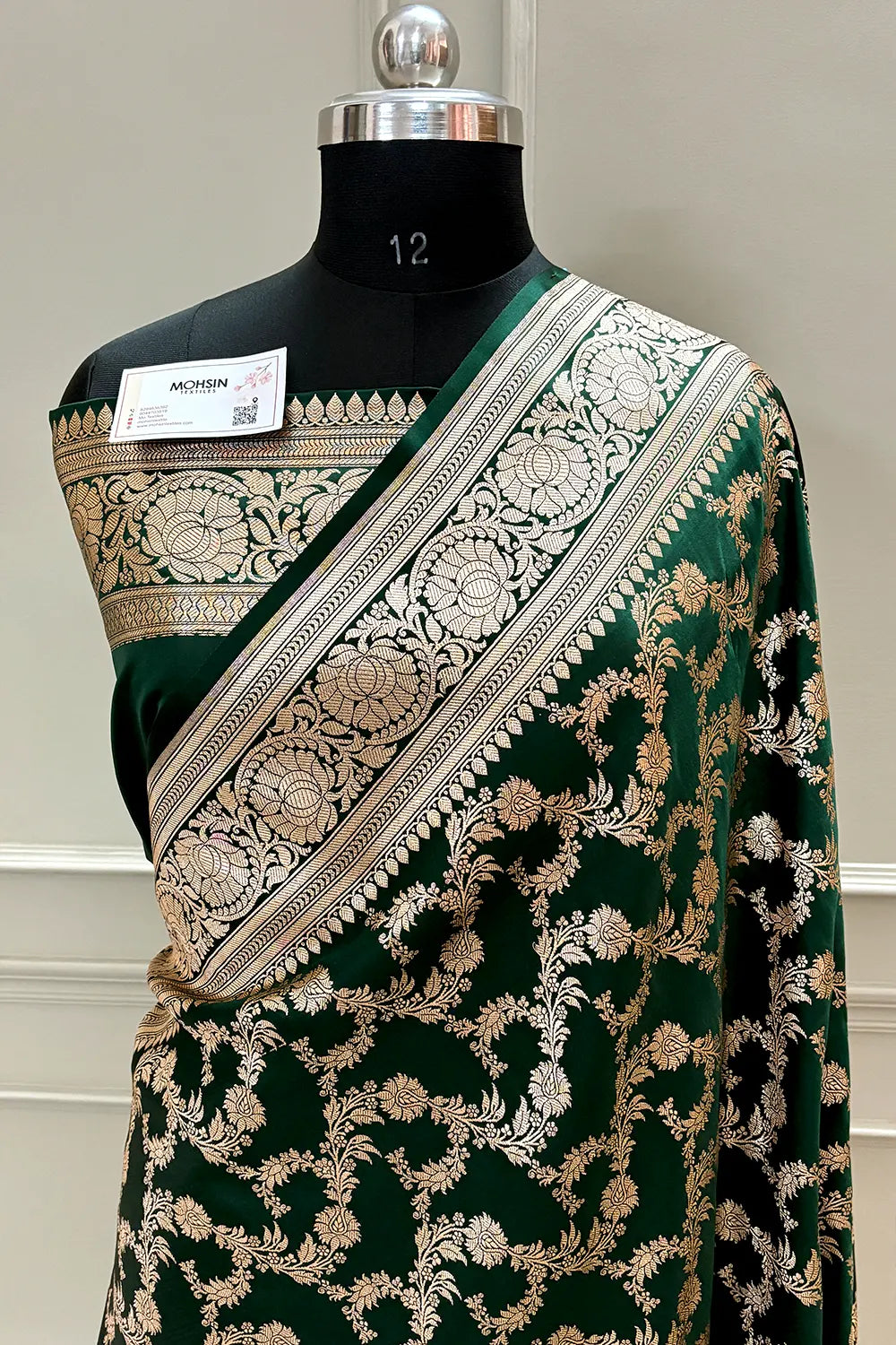 Bottle Green Mughlai Jaal Katan Silk Banarasi Saree