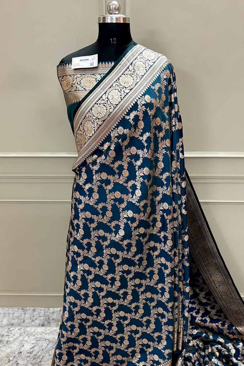 Dark Teal Mughlai Jaal Katan Silk Banarasi Saree