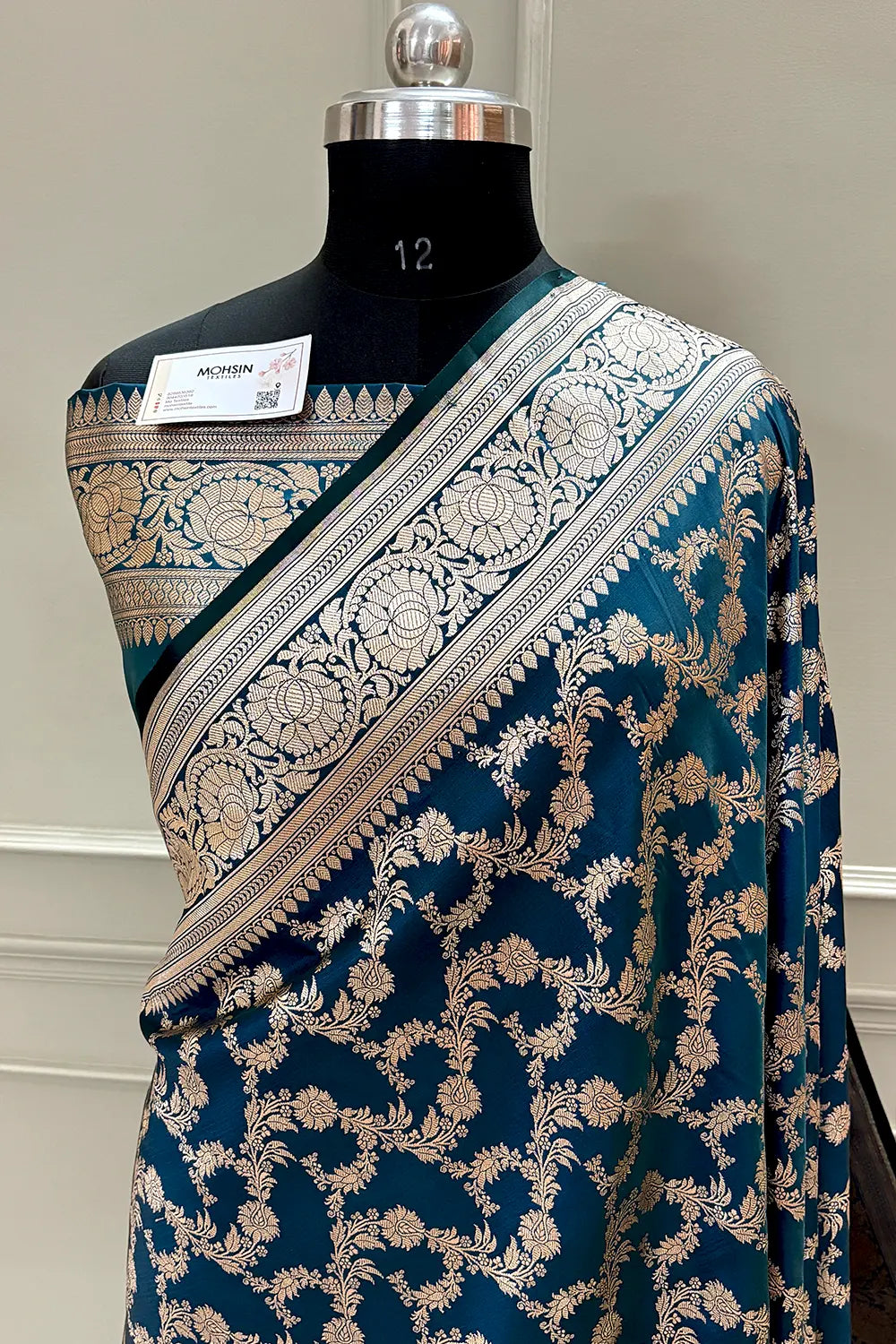 Dark Teal Mughlai Jaal Katan Silk Banarasi Saree
