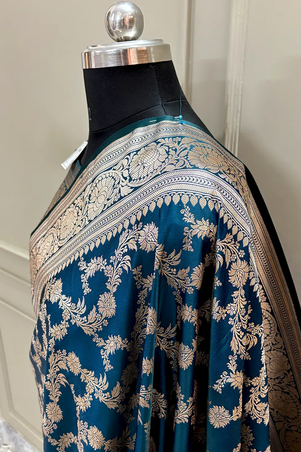 Dark Teal Mughlai Jaal Katan Silk Banarasi Saree