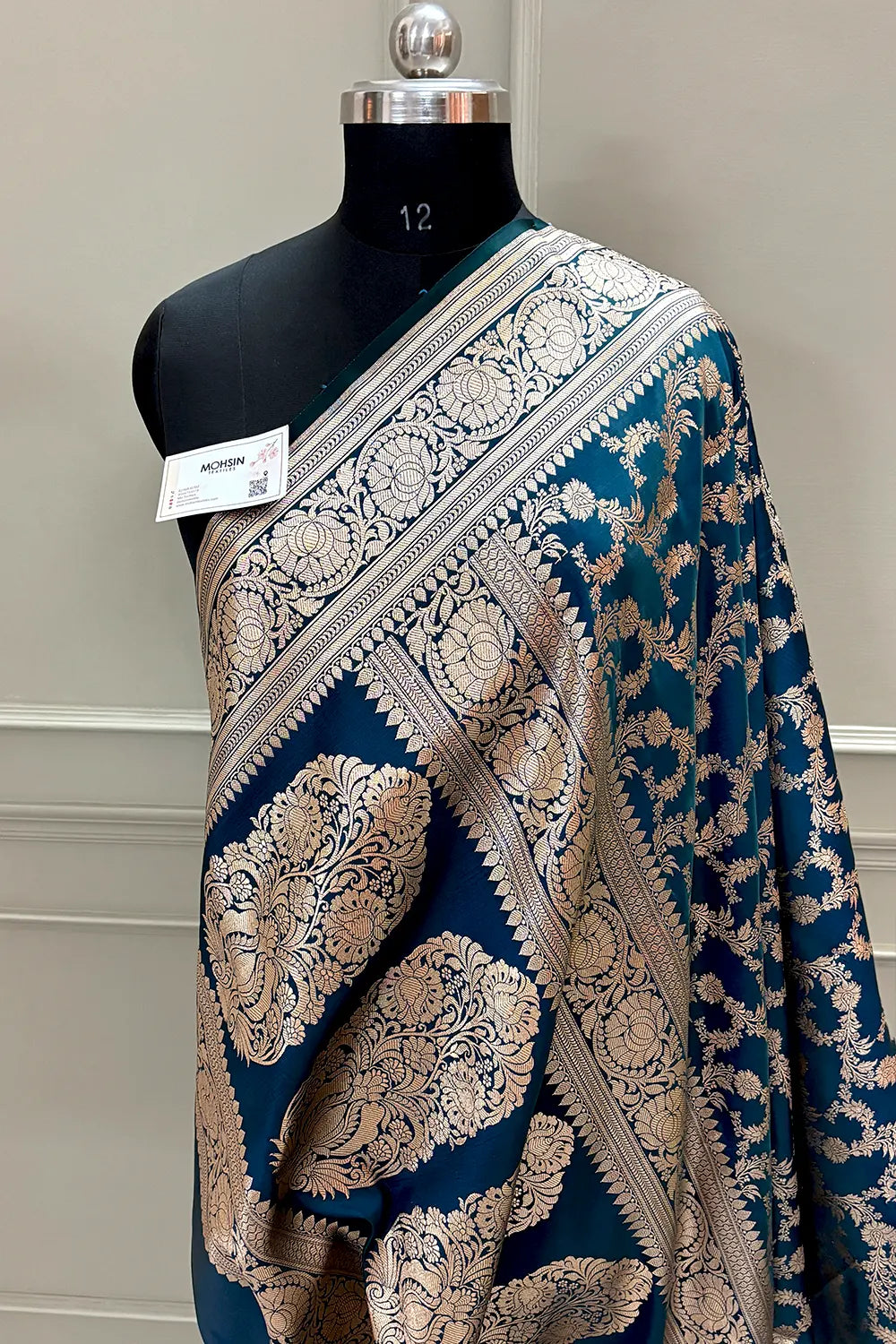 Dark Teal Mughlai Jaal Katan Silk Banarasi Saree