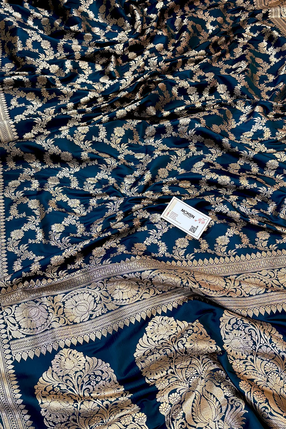 Dark Teal Mughlai Jaal Katan Silk Banarasi Saree