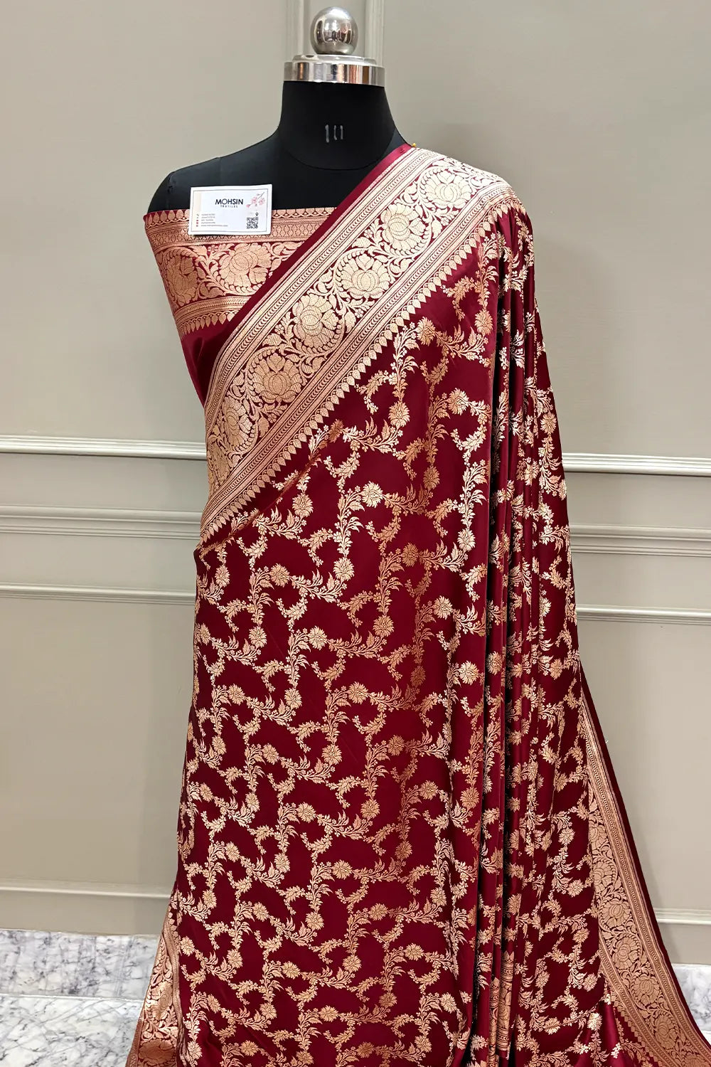 Maroon Mughlai Jaal Katan Silk Banarasi Saree