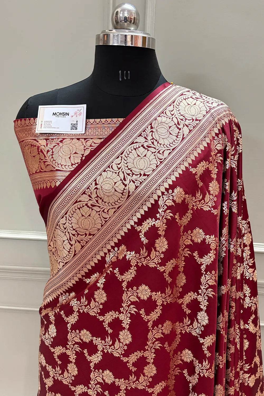 Maroon Mughlai Jaal Katan Silk Banarasi Saree