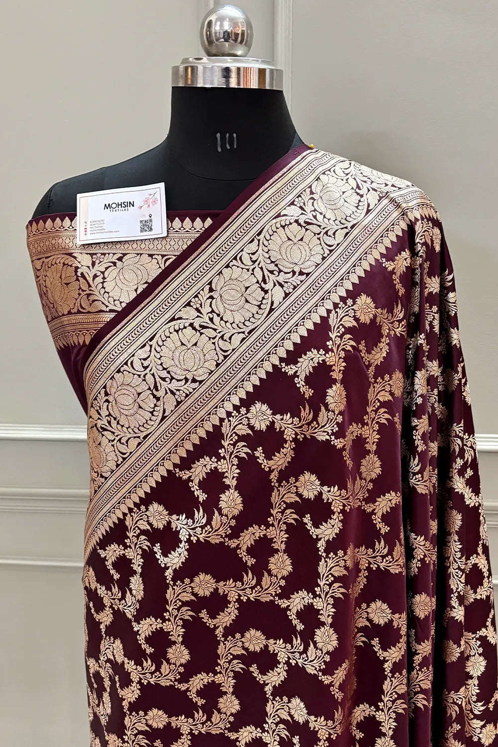 Wine Mughlai Jaal Katan Silk Banarasi Saree